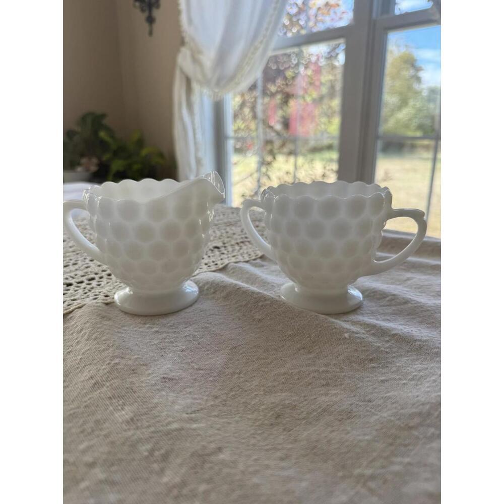 Vintage Milk Glass Cream and Sugar Set Anchor Hocking Bubble Glass Set 30s
